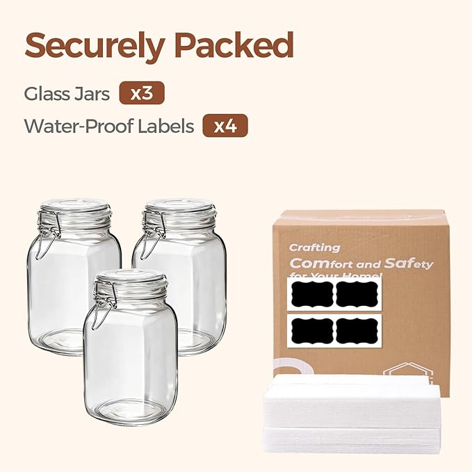 Set of 3 Square Glass Jars with Airtight Lids (51 Oz)