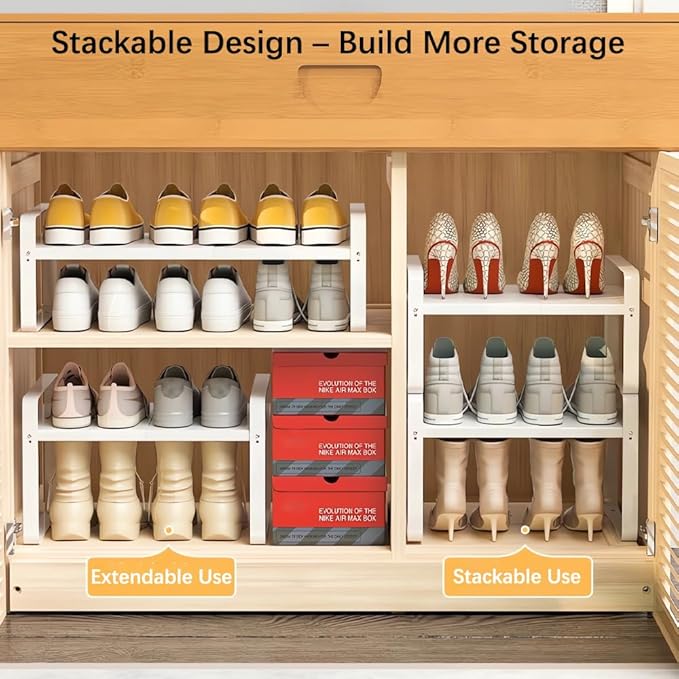 Expandable 1-Tier Metal Shoe Rack (H:10"), Adjustable Width 14.9"-23.6", Heavy-Duty Stackable Free-Standing Shoe Shelf for Closet & Entryway – 2-Pack Set
