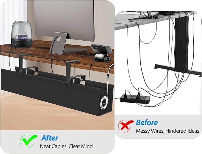 [Upgraded] Large Under Desk Cable Management Tray No Drill, Suolaao 30" Cord Organizer with Oxford Fabric, Clamp Mount, Holds 30 lbs, Large Cable Rack for Gaming & Home Office Standing Desk