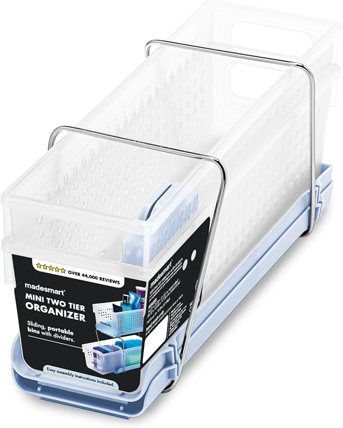 madesmart 2 Tier Bath Organizer, Under Cabinet Storage with Sliding Drawers, for Cleaning Supplies, Pantry, Sponges, Bottles & Kitchen Essentials, Adjustable Dividers & Pull Out Sliding Baskets, Blue