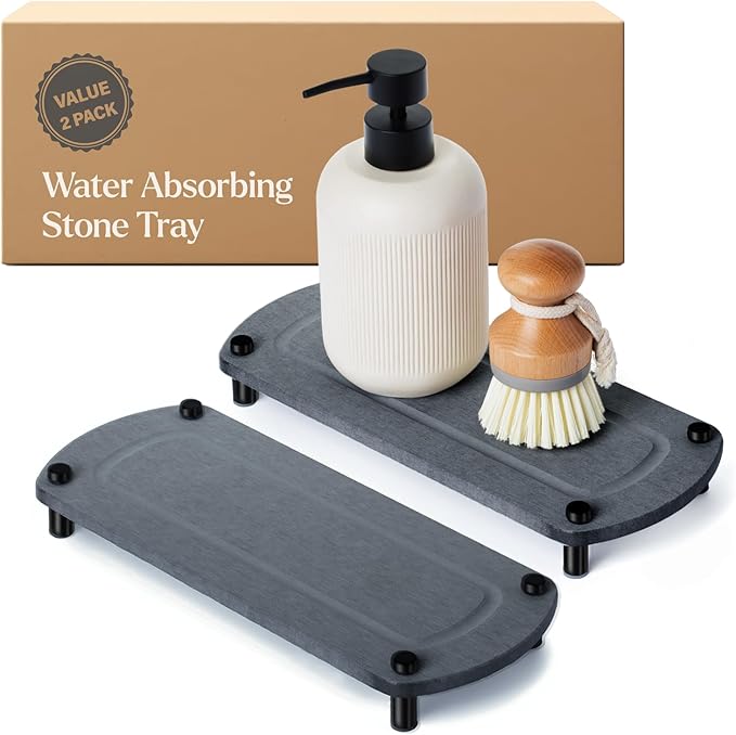 2PCS Water Absorbing Stone Soap Tray for Kitchen Bathroom Sink, Quick Dry Diatomaceous Earth Drying Rack and Shower Caddy, Soap Dispenser and Sponge Holder Organizer for Countertop, TWINKLE MOMENT; Dark Gray