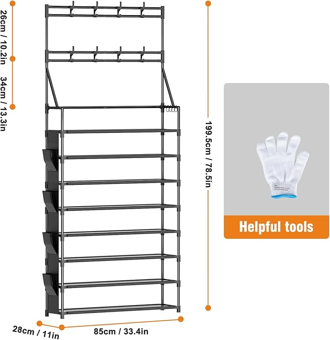 OYREL Shoe Rack 8 Tier Large Shoe Organizer Storage 32-40 Pairs Metal Shoe Storage Rack with Hooks and Side Pocket for Entrance Entryway Closet Shoe Shelf Holder