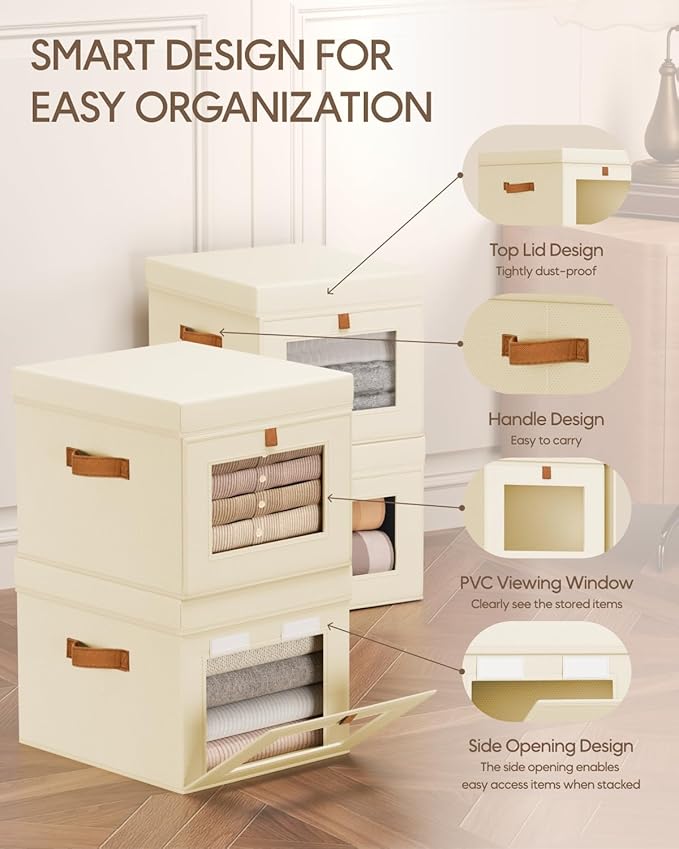 Homsorout Storage Bins with Lid – Closet Organizer with Side Opening and Clear Window, Foldable Stackable Fabric Basket for Clothes Storage, Bedroom, Nursery, Office, 3 Pack, Beige