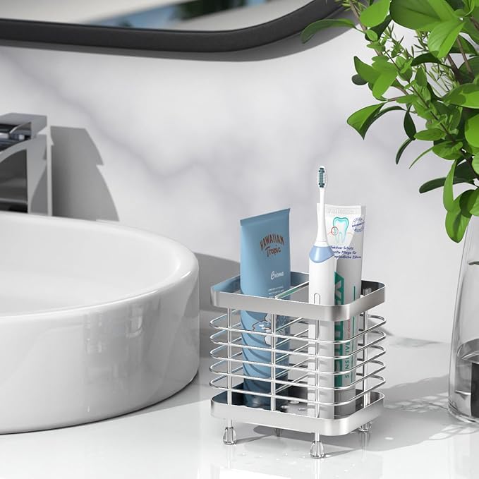 Luxspire Toothbrush Holders for Bathroom, Stainless Steel Electric Toothbrush Holder Wall Mounted, Shower Toothbrush Toothpaste Holder, Bathroom Organizer Essentials, 2 Slots, Silver