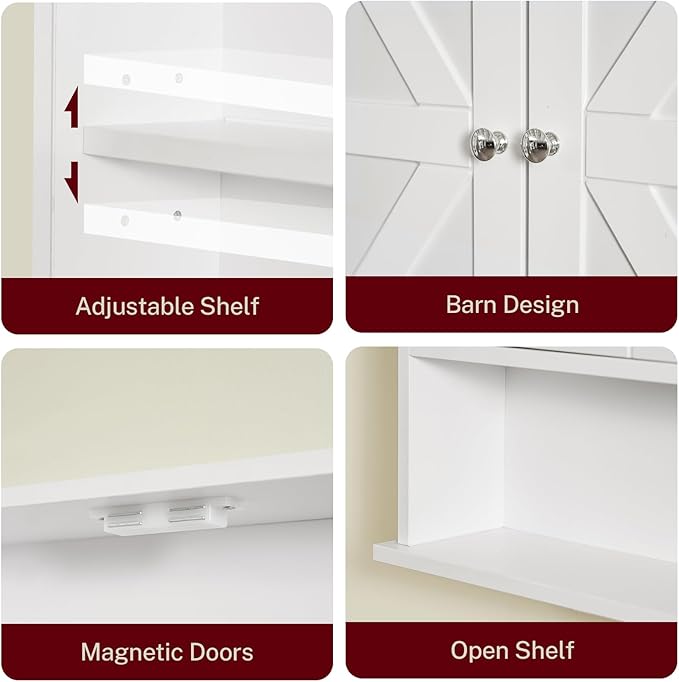 TEENFON Bathroom Wall Cabinet, Bathroom Cabinet with Barn Doors & Adjustable Shelf, Over The Toilet Storage Cabinet, Medicine Cabinet, White UNGGX001WV1