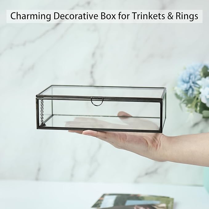 HighFree Vintage Glass Box with Lid - Clear Jewelry Glass Display Box Keepsake Box - Home Decor Decorative Box for Trinket Rings Bracelet (Black, Medium)