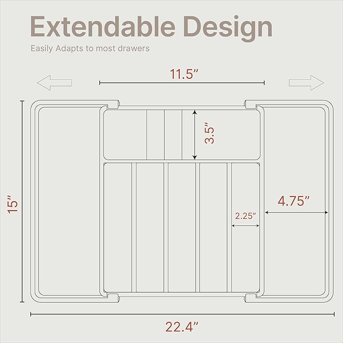 Black Expandable Utensil Drawer Organizer 1 Pack, Adjustable 13” to 22.4”, 8 Compartment Silverware Organizer for Kitchen Utensils, Spatulas, Cutlery, and Tools, Easy to Clean, Durable, and BPA-Free