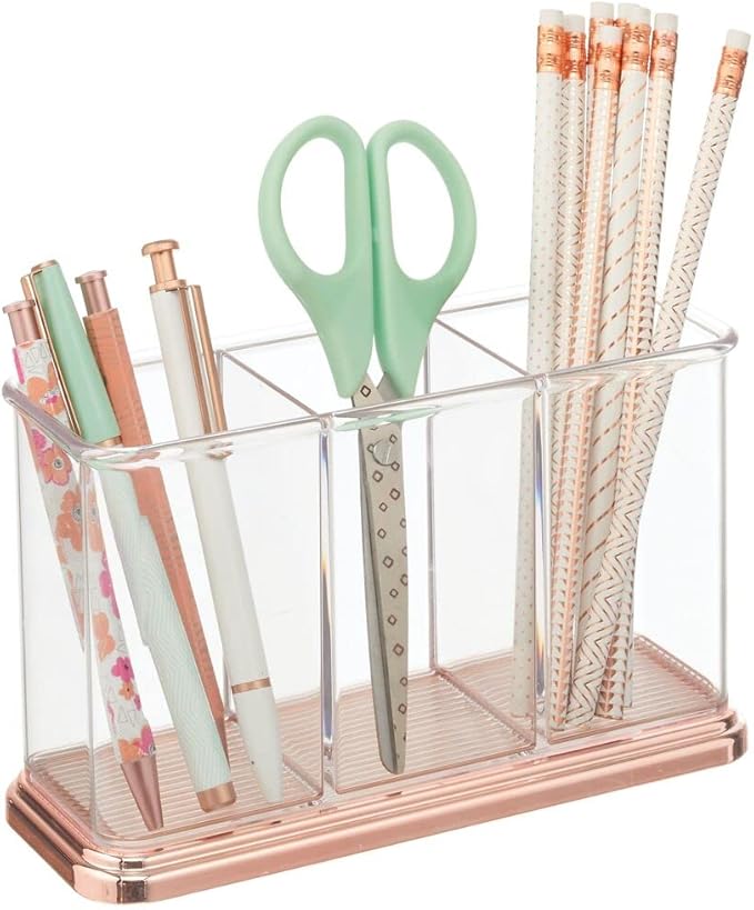 mDesign Plastic Organizer Cup Holder, Divided Storage Organizer for Desks, Office, Tables, Workspaces - Stores Pen, Pencils, Markers, Scissors - 3 Sections - Clear/Rose Gold