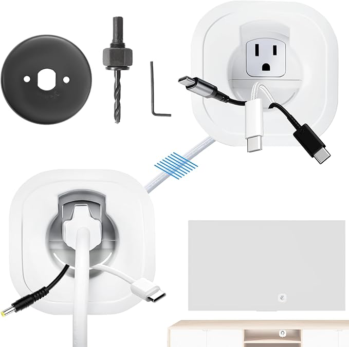 in Wall Cable Management Kit for Wall Mounted TV, Professional TV Cord Hider & Wire Concealer with Power Outlet & Pass Through, Included DIY Hole Saw, Hide Cables Behind Wall, White