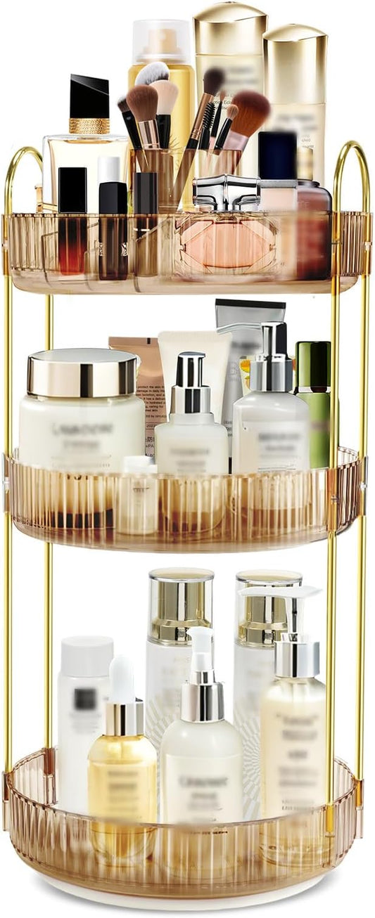 360 Rotating Makeup Organizer for Vanity, Gold-3 Tier