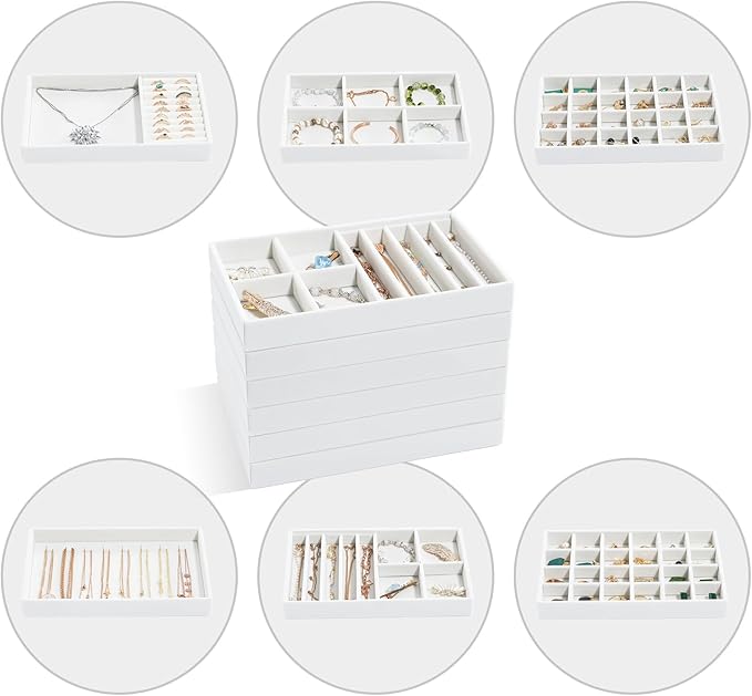 ProCase Stackable Jewelry Organizer Trays for Drawers, Jewelry Drawer Inserts Container Display Case Storage for Earring Necklace Rings Bracelet with Removable Dividers -Warmwhite, 6 Layers