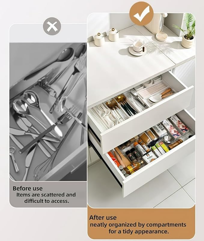 Expandable Drawer Storage Box with 6 Removable Dividers - 2.04" Depth for Light Drawers, Kitchen Utensils, Cosmetics, Office Supplies Organizer (10.43" Length, 20.27" Width)