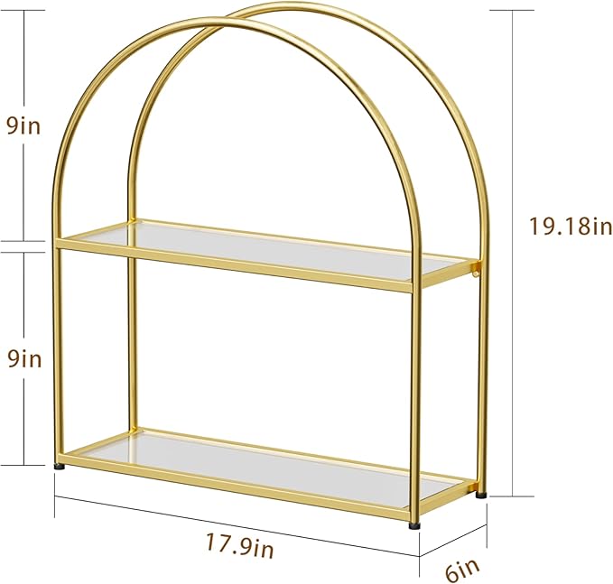 Crofy Gold Arched Frame Wall Shelf, Decorative 2 Tier Bathroom Wall Shelf with Transparent Tempered Glass Shelves and Robust Storage Capacity, 5.1" D x 17.9" W x 19.18" H