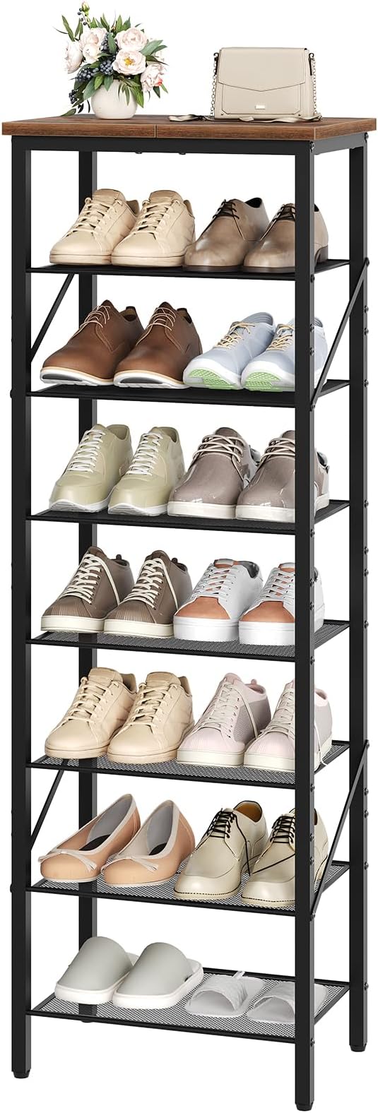 MAHANCRIS 8 Tier Narrow Shoe Rack Organizer, Tall Slim Shoe Storage for Small Space, Holds 8-16 Pairs, Metal Shoe Shelf with Wooden Top for Entryway Closet Bedroom, Rustic Brown and Black SRHR08401