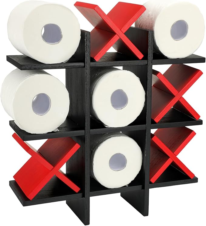Weysat Tic Tac Toe Toilet Paper Holder Stand Bathroom Wall Decor Rustic Wooden Hanging Storage Freestanding Wall Mounted Shelves Decor for Toilet Tissue Farmhouse