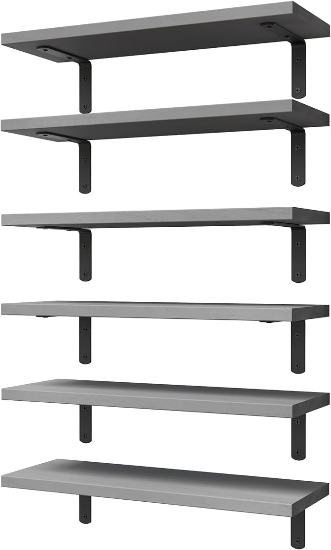 WOPITUES Wood Floating Shelves Set of 6, Shelves for Wall Decor, Farmhouse Shelf for Bedroom, Bathroom Storage Shelves, Book Shelves for Living Room-Grey