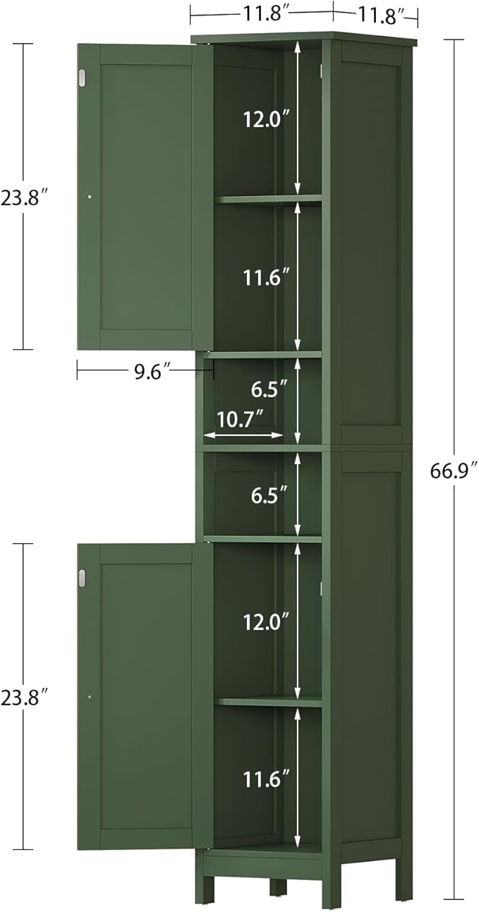67" Tall Bathroom Cabinet with Adjustable Shelves and Doors, Green