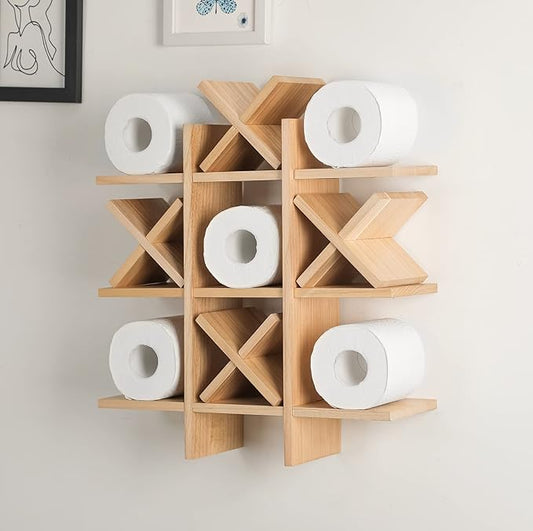Weysat Tic Tac Toe Toilet Paper Holder Stand Bathroom Wall Decor Rustic Wooden Hanging Storage Freestanding Wall Mounted Shelves Decor for Toilet Tissue Farmhouse