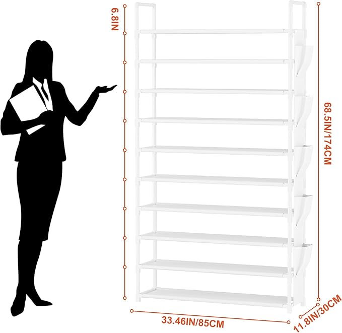 LUKYTOWER Tall Shoe Rack 10 Tier Shoe Racks Organizer for Closet 40-45Pairs,Large Capacity Storage Rack for Shoes with 5Hooks,Sturdy Shoe Shelf, Vertical Shoe Stand Tower