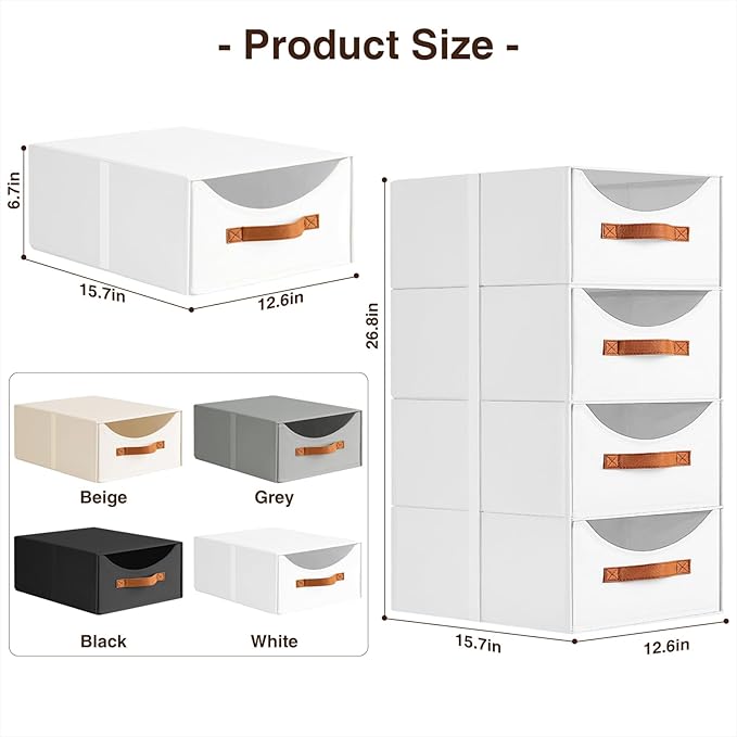 Homsorout Stackable Storage Drawers - Large Collapsible Storage Bins with Drawers, 8 Pack Closet Shelf Organizer Basket, Fabric Pull Out Organizer for Bedroom, Living Room, Dorm, White