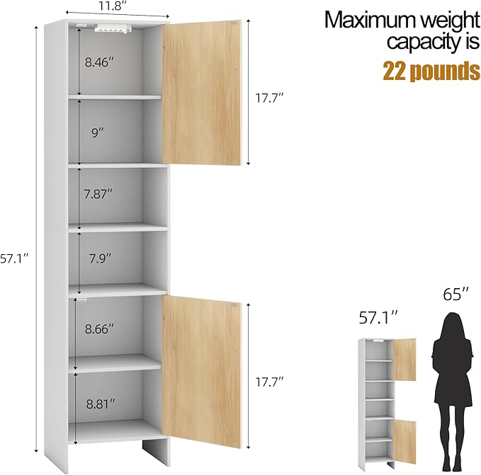 Tall Storage Cabinet, 13.15 Inch Narrow Bathroom Cabinet with USB Magnetic Light, Open Shelf, Magnetic Doors, 2 Adjustable Shelves, Anti-Tip Kit for Small Spaces, Living Room, White, 57.1" H