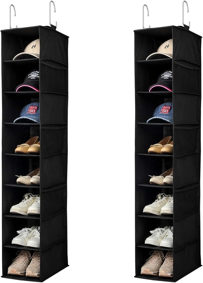 Berdeng Hanging Shoe Organizer for Closet with Side Mesh Pockets，Hat Racks for Baseball Caps，Shoe and Hat Holder & Storage，8-Shelf，Black，2 Pack
