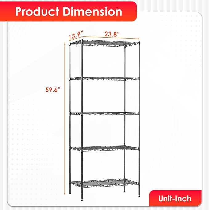 BestOffice | 5-Tier Wire Storage Shelves | 14 x 24 x 60 | Black | with Adjustable Racks | Metal Shelf, Holds Upto 500 lbs | No-Tool Assembly | Ideal for Home & Garage Shelving