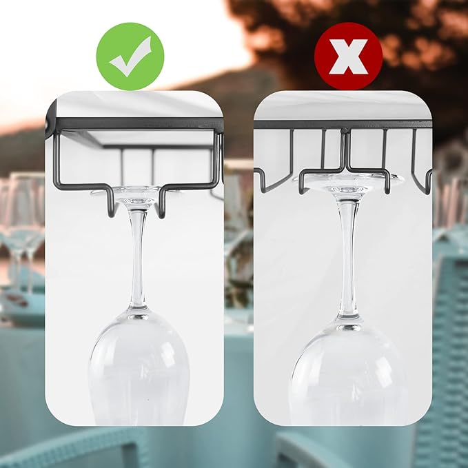 Adjustable Under Cabinet Stemware Holder - Metal Wine Glass Hanger Organizer for Kitchen, Bar, Shelf - Rustproof Hanging Storage Rack for 6-8 Glasses - Space Saving Decor (Black, 3 Rows)
