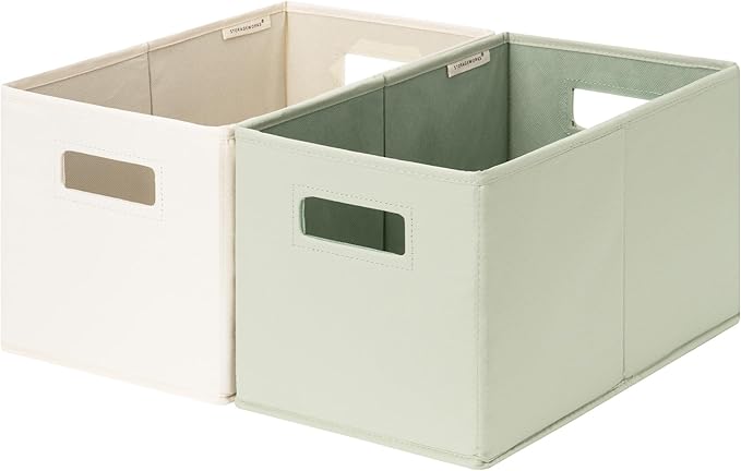 StorageWorks Fabric Storage Bins for Shelves, Closet Organizers and Storage Baskets, Collapsible Storage Bins with Cutout Handles, Medium, 2-Pack, Ivory and Light Green