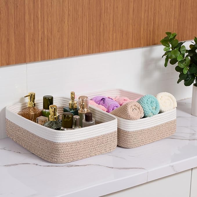 MiniArk Large Shallow Organizing Baskets 15x11x5.1 Inches - Rope Woven Storage Bins for Bathroom, Shelves, Cube Closet, White Mixed Brown 2 Packs