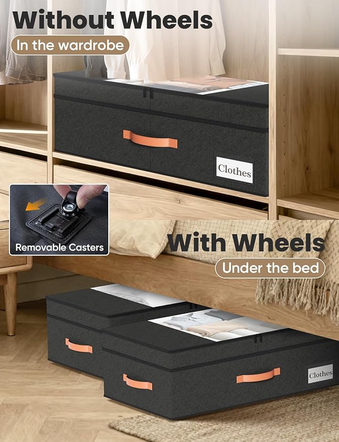 TOSKING 2-Pack Under Bed Storage Drawers with Wheels, 6 Vacuum Bags, Adjustable Height 7.9-10.2", Large 90L/80 lbs Clear Lid, 900D Oxford, Space Saver for Dorm Bedroom, Blankets, Clothes, Shoes, Black