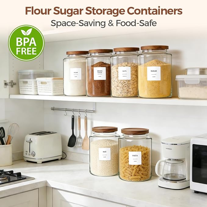 2Pcs (4.2Qt) Wide-Mouth Flour Sugar Storage Containers, Include Scoops & Labels