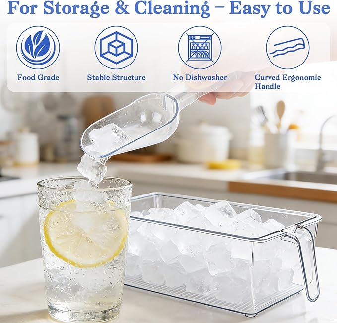 Clear Ice Bucket for Freezer, Ice Cube Storage Bin with Flexible Handle, and Ice Holder for Freezer, Scoop & Tongs Set, Fridge Container, Home Bar Organization
