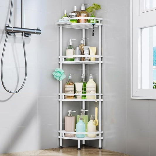 HapiRm Standing Corner Shower Caddy - 4 Tier Shower Organizer Corner with Soap Holder and 4 Hooks, Rustproof Bathroom Storage Shelves with Adhesives, White
