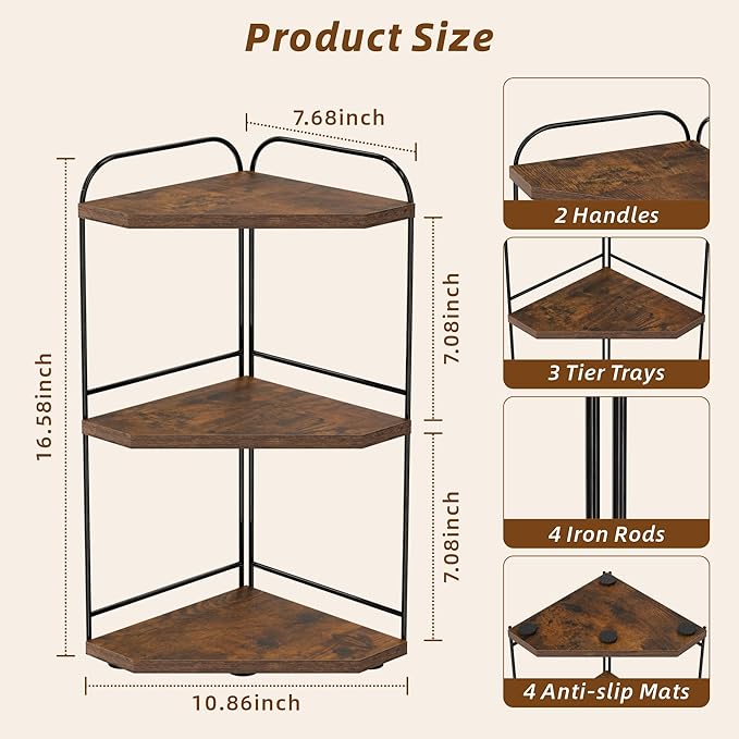Corner Bathroom Counter Organizer, 3-Tier Wood Countertop Organizer for Perfume, Makeup Storage, Skincare Organizers for Vanity, Counter Corner Shelf for Kitchen, Bathroom, Dresser (Rustic Brown)