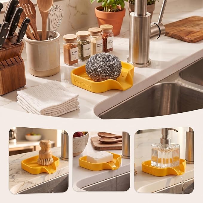 MicoYang Silicone Soap Dish with Drain Spout — Self-Draining Sink Organizer Tray for Bathroom & Kitchen, Holds Soap, Sponges & Dispensers, Non-Slip & Dishwasher Safe, Yellow (Small, 4.9"×3.2")