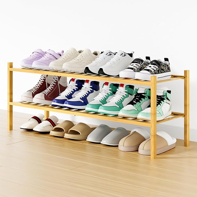Smiry Long Bamboo Shoe Rack, 2 Tier Free Standing Wooden Shoe Organizer, Stackable Wood Shoe Storage Shelf for Closet, Entryway, 12 Vertical Slats, One-piece Standard Legs, 33.7"x11"x13", Natural