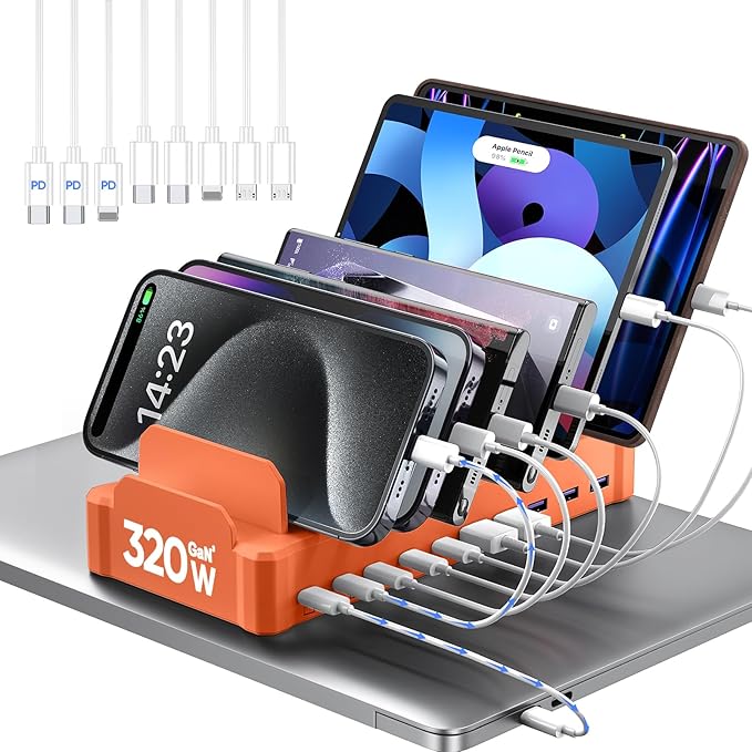 320W Charging Station for Multiple Devices, Zobirez 10-Port USB C Fast Charger Stations for MacBook, iPhone, Android Cell Phone, iPad, Tablet Family Multi-Device Organizer Charging Dock, Orange