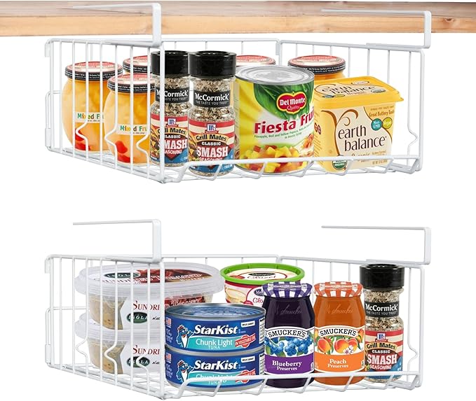 Under Shelf Basket Storage, Steel Under Shelf Hanging Wire Baskets Shelves for Laundry Room Kitchen Desk Pantry Bookshelf (White, 2 Pack)