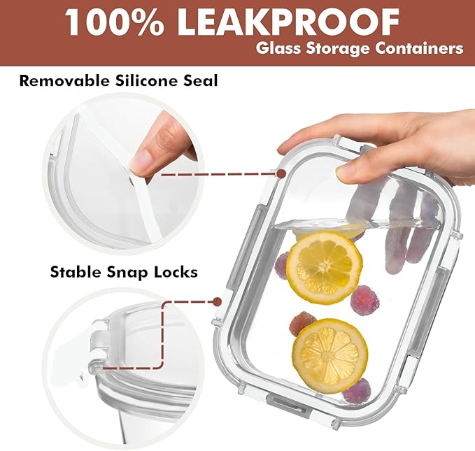 Razab 30 PC Glass Food Storage Containers with Lids - Reusable Glass Meal Prep Containers for Lunch and Leftovers - Airtight & Leakproof Snap Locking Lids - Oven, Freezer, Microwave, Dishwasher Safe