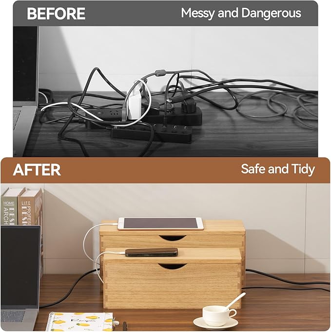 KIRIGEN Wooden Cable Management Box Set of 2 - Solid Wood Large & Small Cord Organizer Hides Power Strips, Chargers & Wires for Desk, TV Stand, Home Office DXH2T-NA