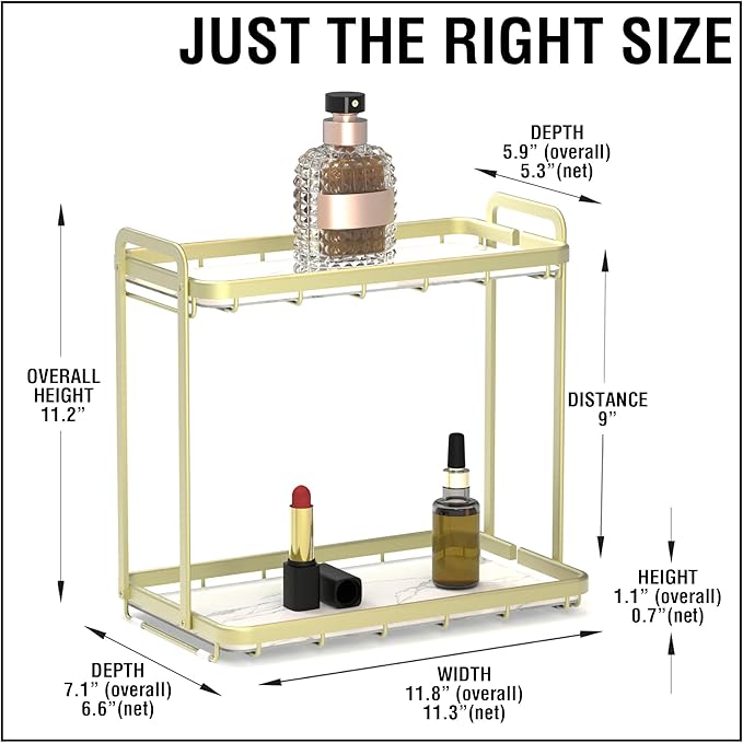 Counter Organizer for Bathroom, Kitchen or Coffee Bar, Metal Shelf with Faux Marble, Vanity Countertop Makeup Storage, Dresser Perfume Display Rack, Toilet Tank Tray (Matte Nickel, 2-Tier)