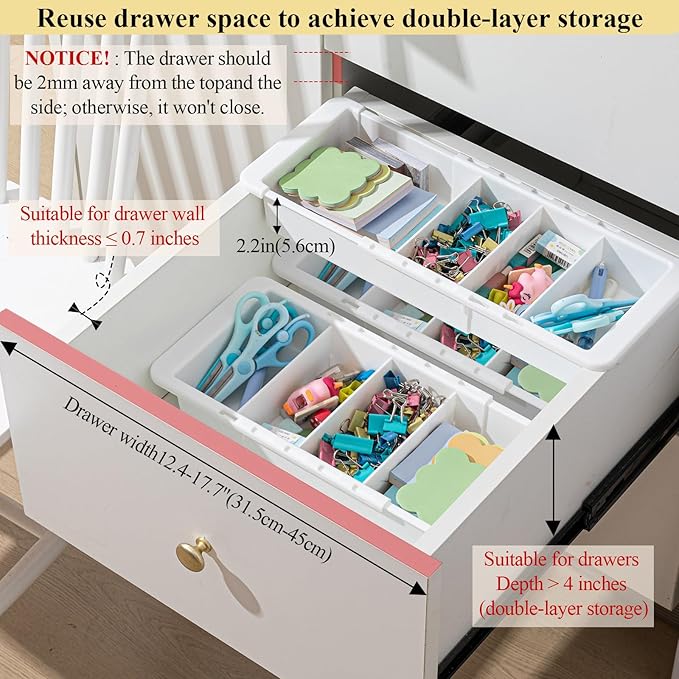 6 Pcs Expandable Drawer Organizer Bins Adjustable Deep Drawer Hanging Organizer Tray Expandable 11.4 to 18.1 Inches Plastic Dividers Storage for Office Bathroom Bedroom Kitchen Desk, White