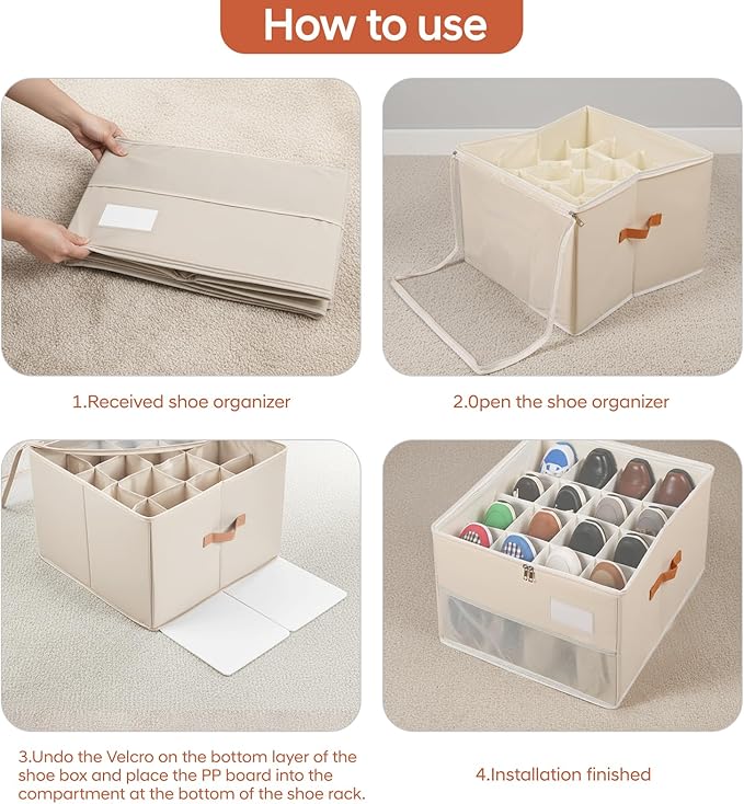 Shoe Organizer for Closet, Foldable Shoe Storage Organizer Containers with Clear Cover, Space Saving Shoes Holder with Handles, Beige (1, L)