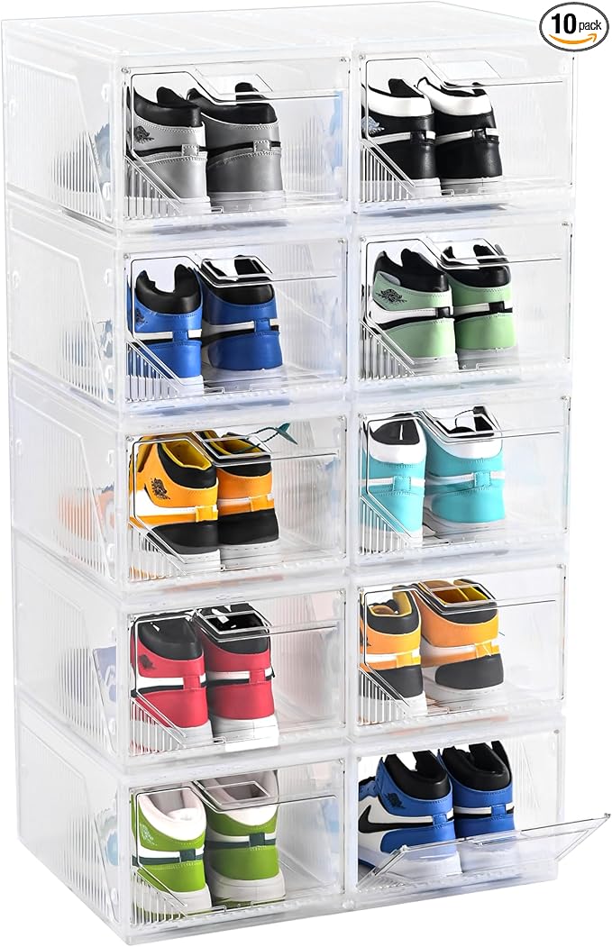 XX-Large Shoe Sneaker Storage Boxes for Size 14,Easy-to-Install Shoe Boxes, Thick and Stable, Stackable Shoe Boxes, Closet Organization (Clear White, XXL-10-pcs)