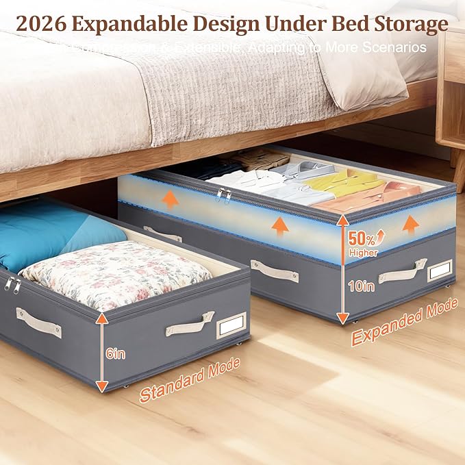 Dolicer 2 Pack Under Bed Storage with Wheels, 6in-10in Height Adjustable Underbed Storage Containers, 92L XXXL Under Bed Drawers Rolling Bin with Clear Lids for Dorm Shoes Clothes Organizer(Dark Grey)