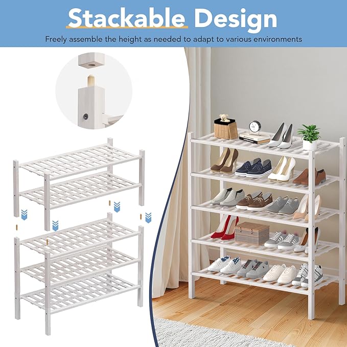 Haddockway 4 Tier Bamboo Shoe Rack Storage Organizer, Multifunctional Free Standing Stackable Shoe Shelf with Grid Panel for Closet,Hallway,Entryway,Small Space 27"x11"x26"