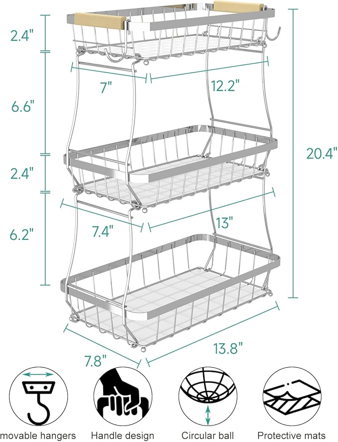 Sevenblue 2 Tier Large Fruit Basket for Kitchen Counter with 2 Mobile Banana Hangers, 2026 Pro Detachable Metal Fruit Bowl with Wooden Handle (Silver, 3 Tier)