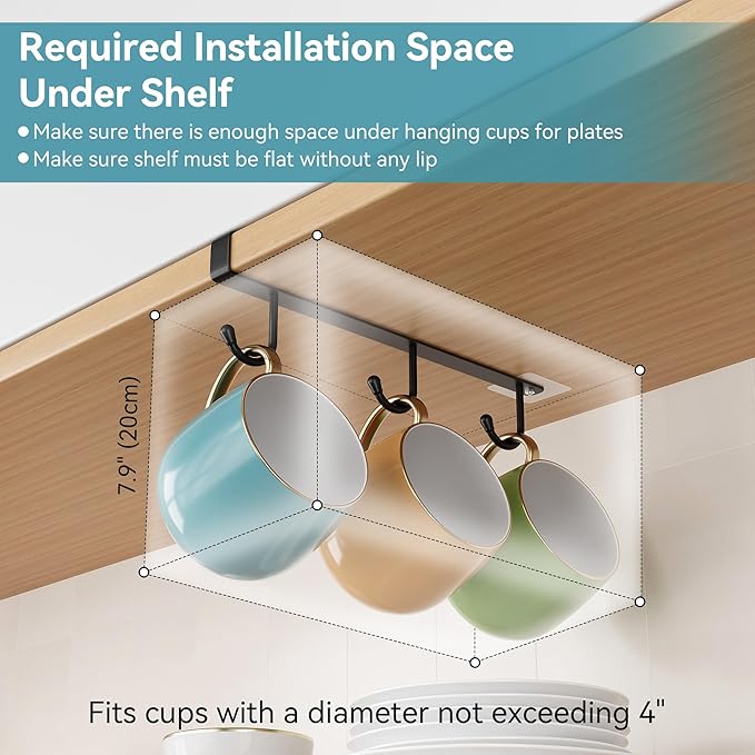 ECROCY Coffee Mug Holder Under Cabinet, 3pcs Coffee Cup Holder Only Fits Flat Shelf Without Any Lip, Clip-On Coffee Mug Organizer No Drilling Free Damage