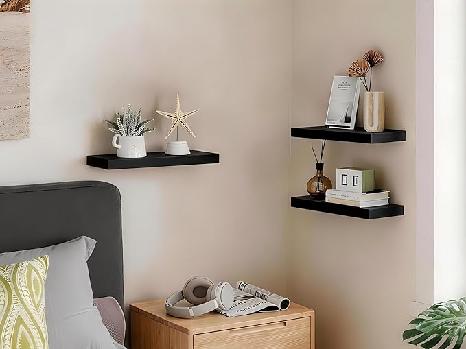 BAYKA Floating Shelves for Wall, Wall Mounted Rustic Wood Shelves for Bathroom, Bedroom, Living Room, Kitchen, Hanging Shelf for Books/Storage/Room Decor with 22lbs Capacity (Black, Set of 3, 15.7in)